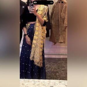 Mirror embellished navy blue lehenga with pink blouse